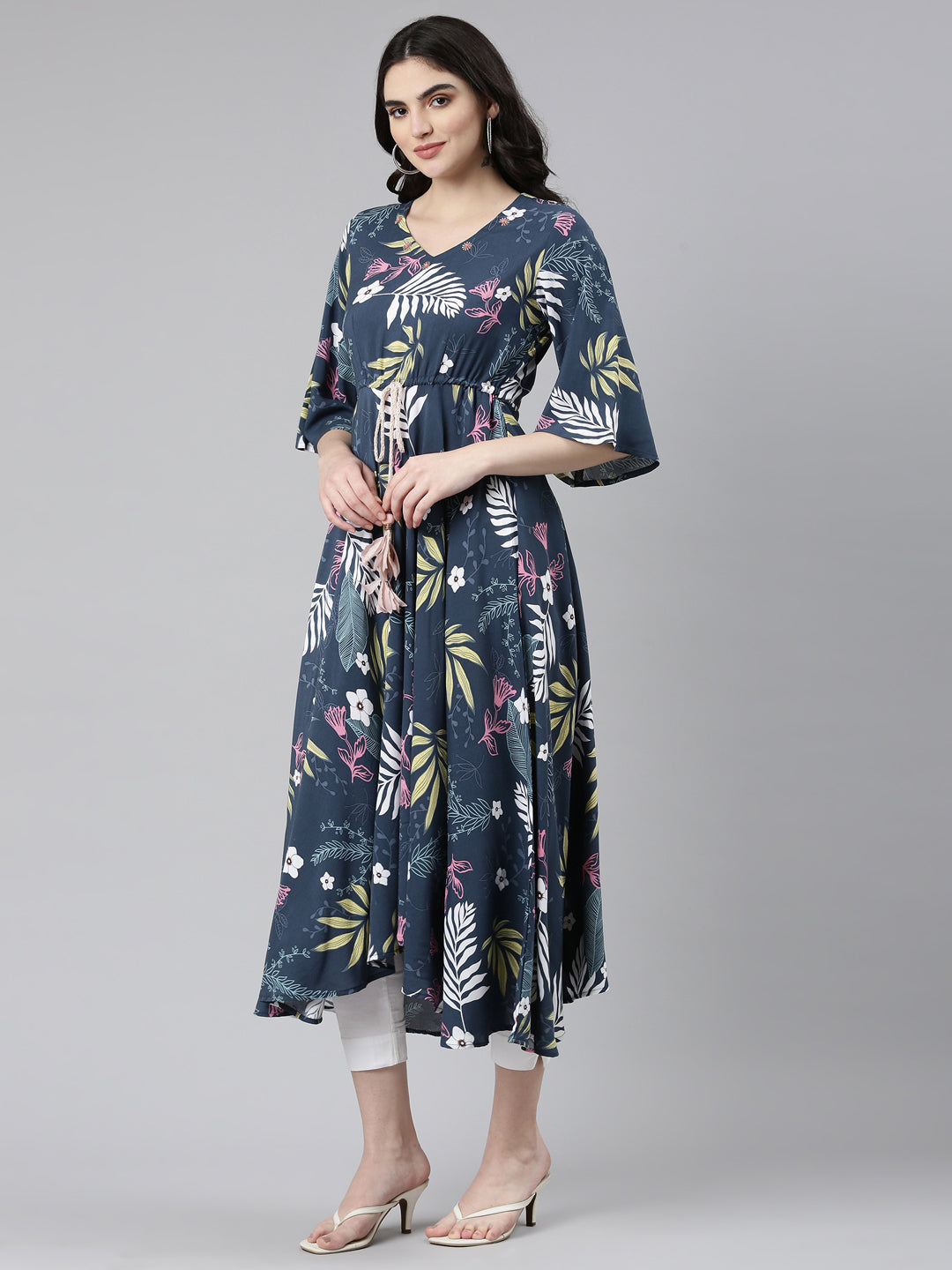 Neerus Blue rayon printed high-low dress - back view