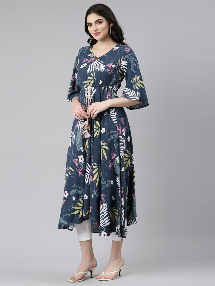 Neerus Blue rayon printed high-low dress - back view