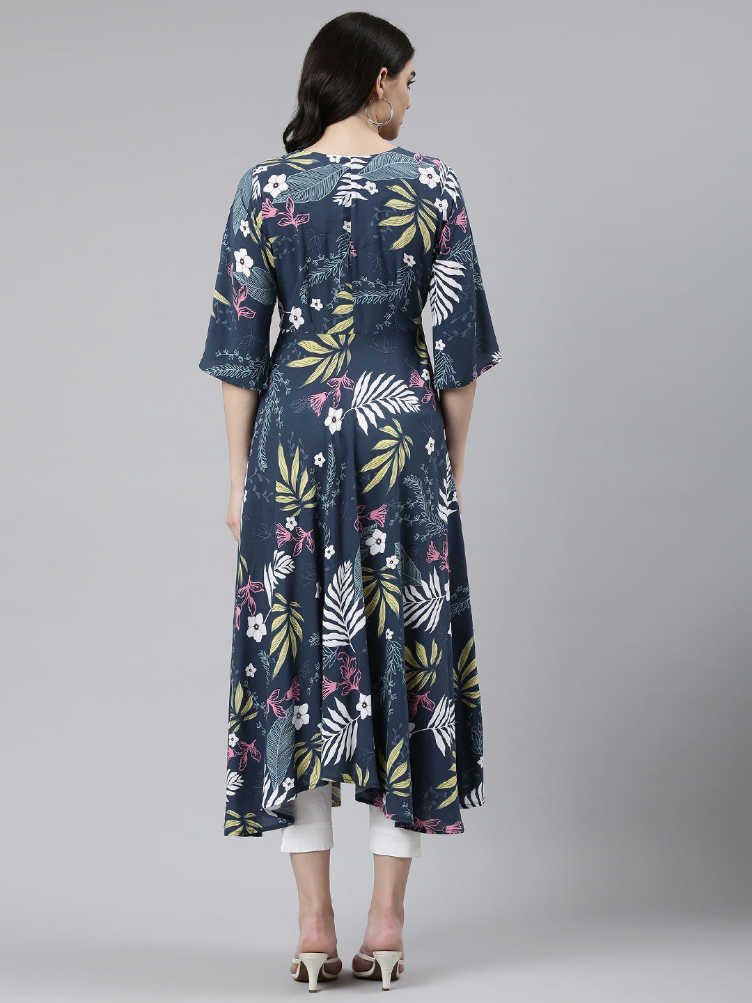 Neerus Blue rayon printed high-low dress - side view