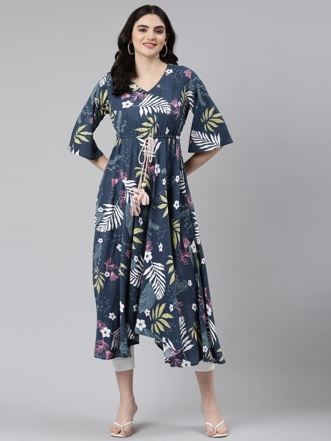 Neerus Blue rayon printed high-low dress - detail view 2