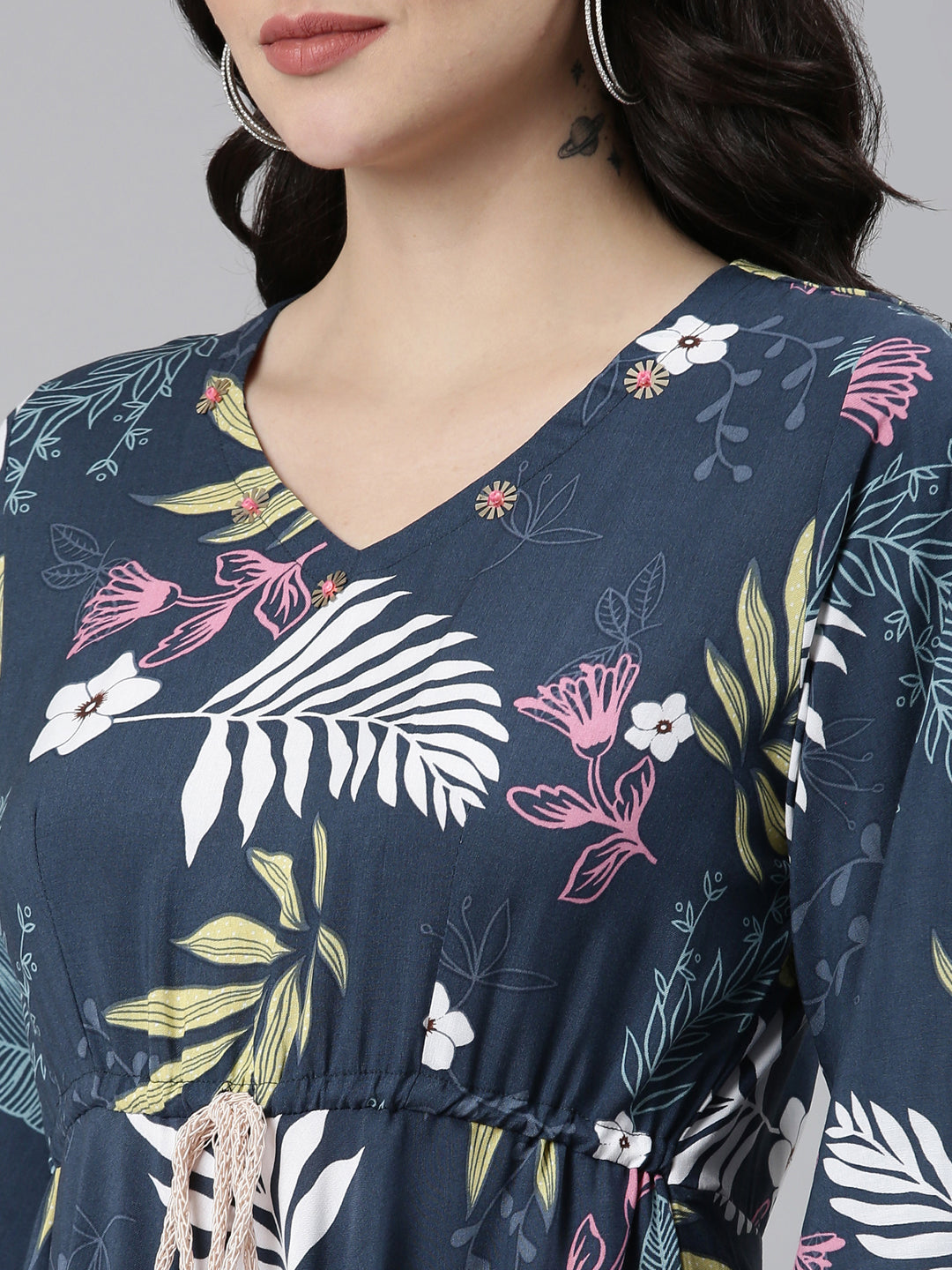 Neerus Blue rayon printed high-low dress - detail view 1