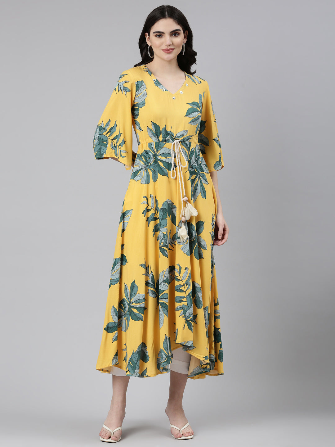 Neerus Yellow rayon printed high-low dress - front view