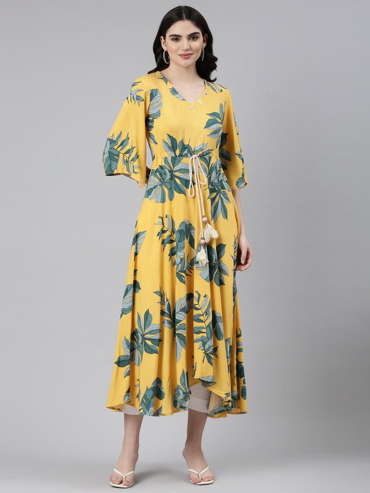 Neerus Yellow rayon printed high-low dress - front view