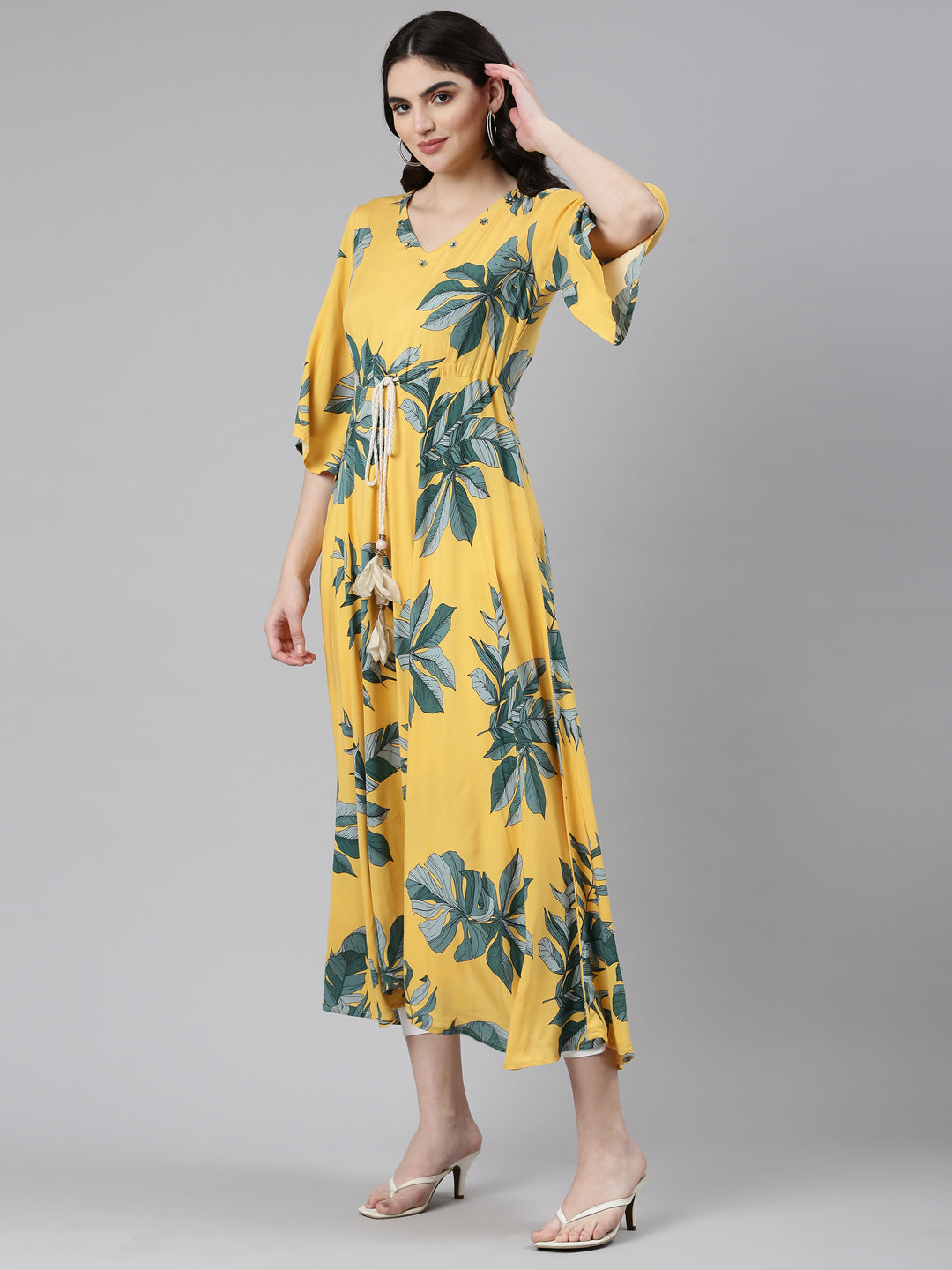 Neerus Yellow rayon printed high-low dress - back view