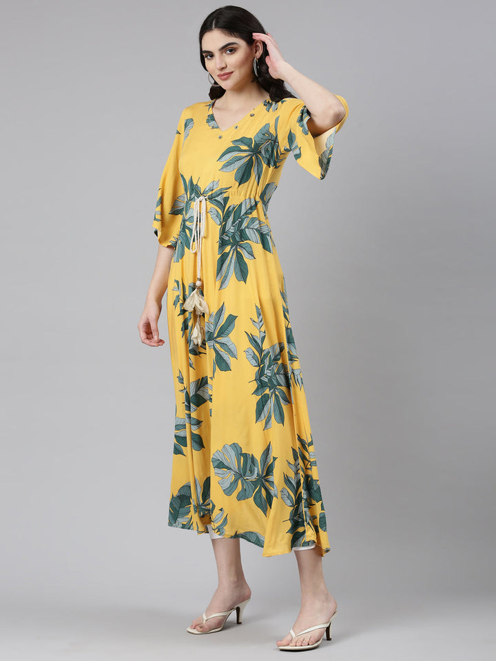 Neerus Yellow rayon printed high-low dress - back view