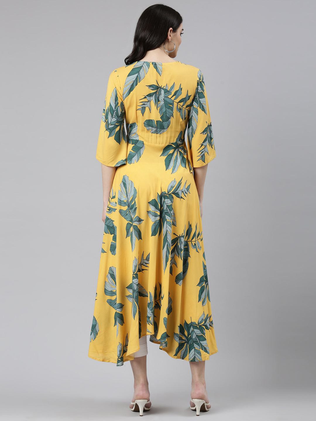 Neerus Yellow rayon printed high-low dress - side view
