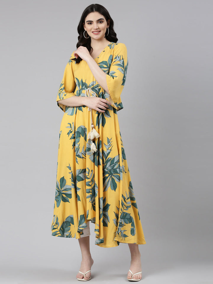Neerus Yellow rayon printed high-low dress - detail view 2