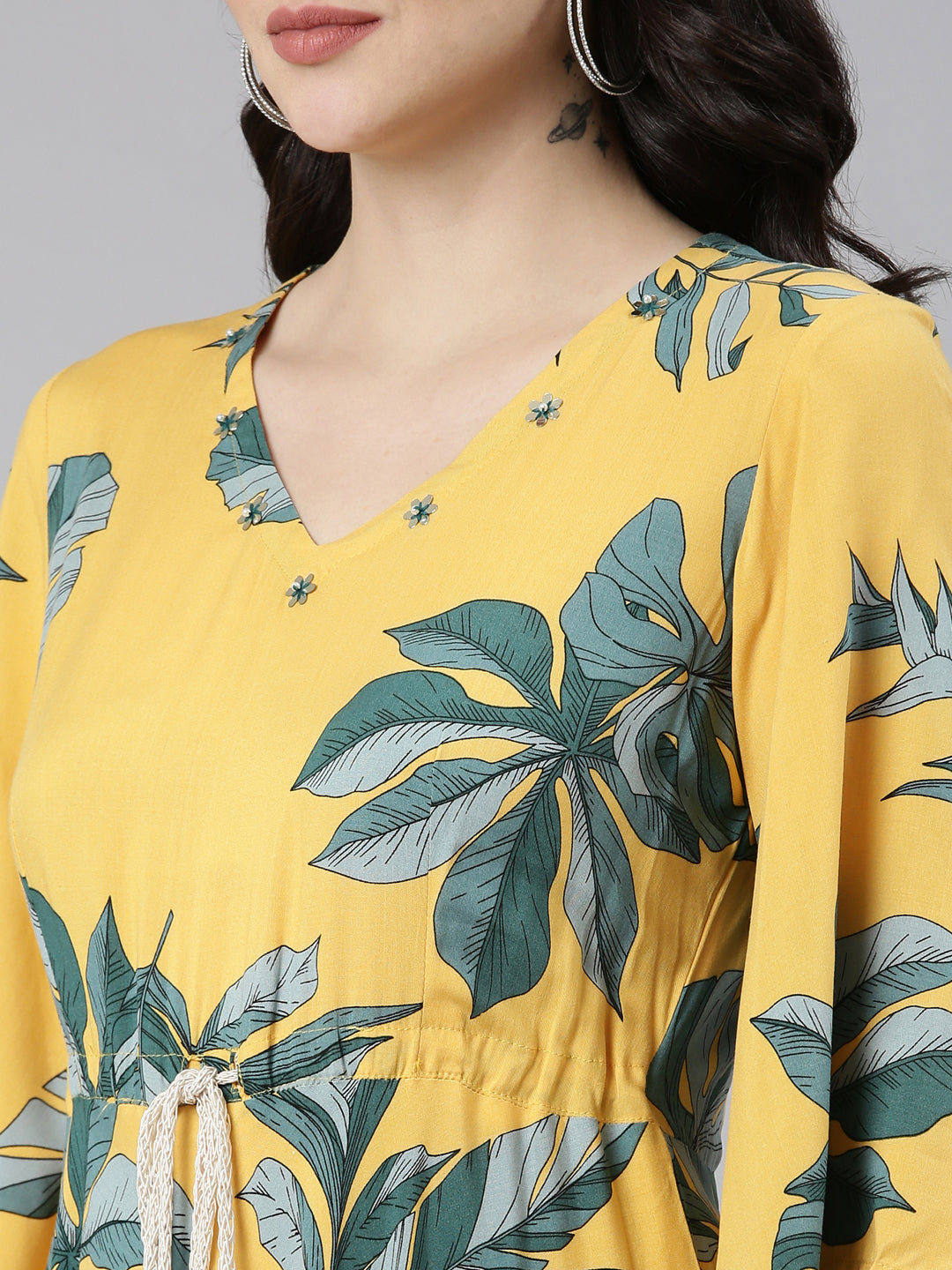 Neerus Yellow rayon printed high-low dress - detail view 1