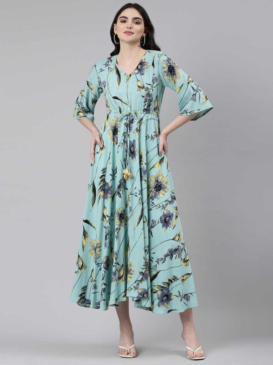 Neerus Green rayon printed high-low dress - front view