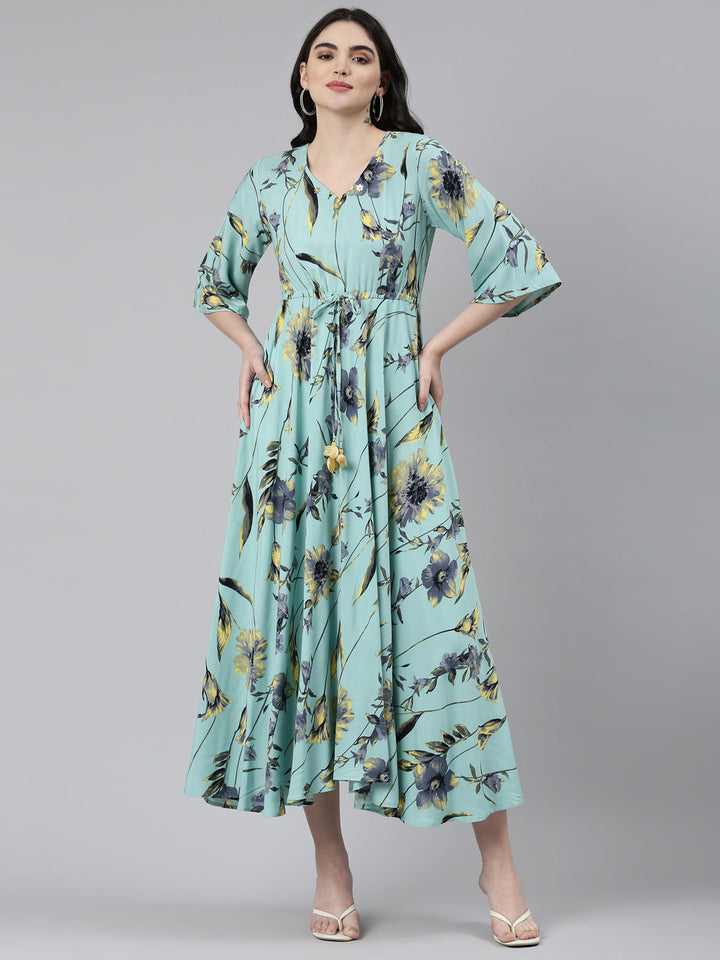 Neerus Green rayon printed high-low dress - front view