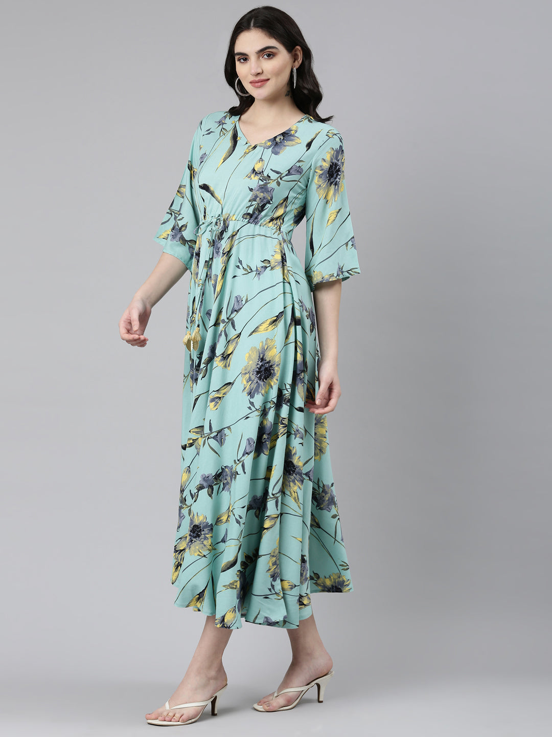 Neerus Green rayon printed high-low dress - back view