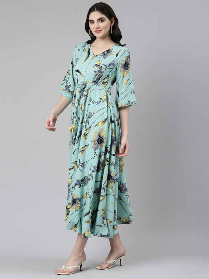 Neerus Green rayon printed high-low dress - back view