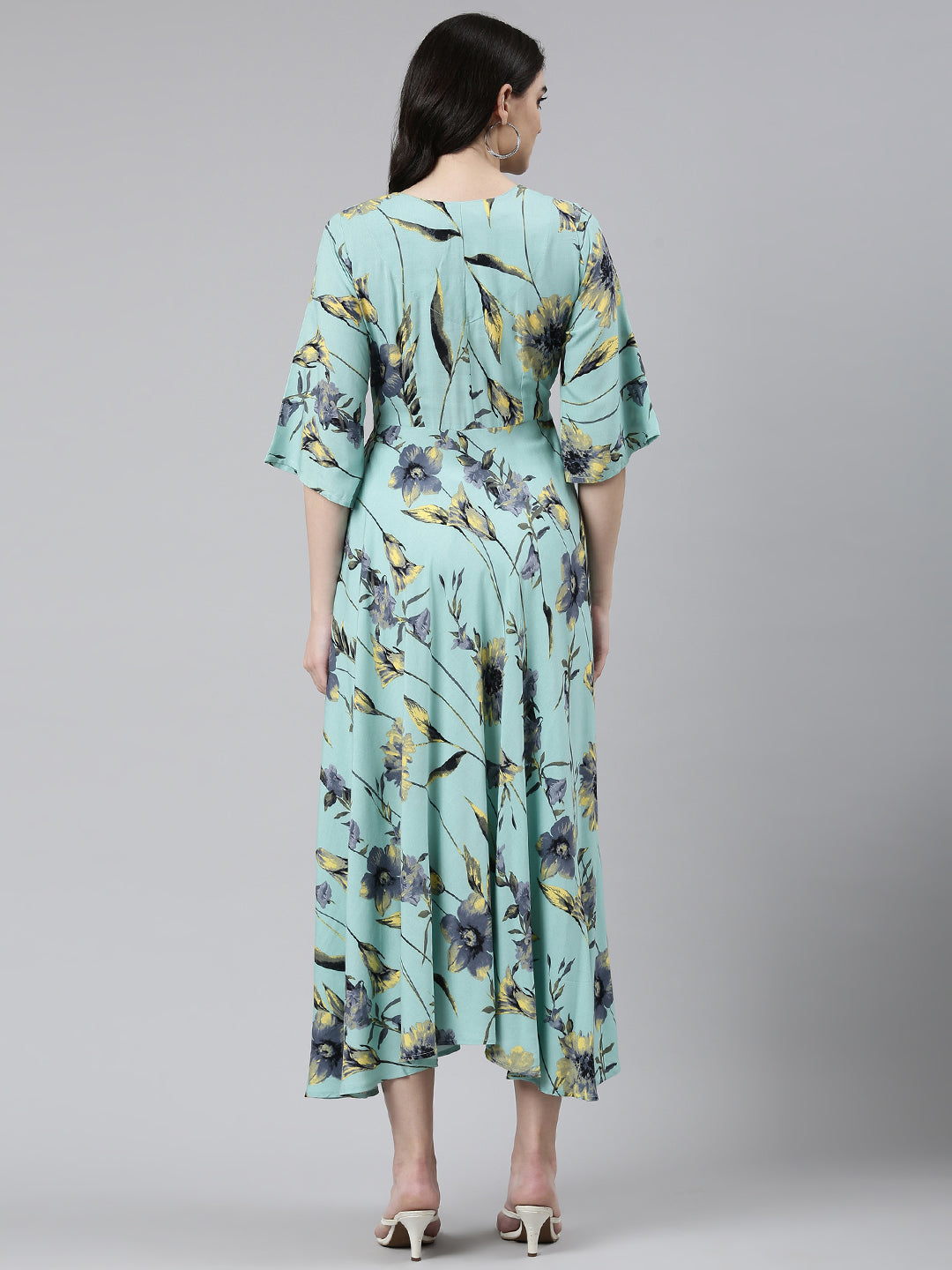 Neerus Green rayon printed high-low dress - side view
