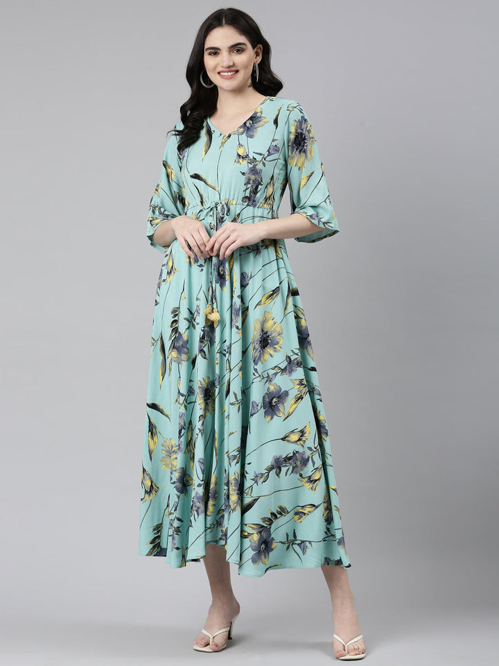 Neerus Green rayon printed high-low dress - detail view 2