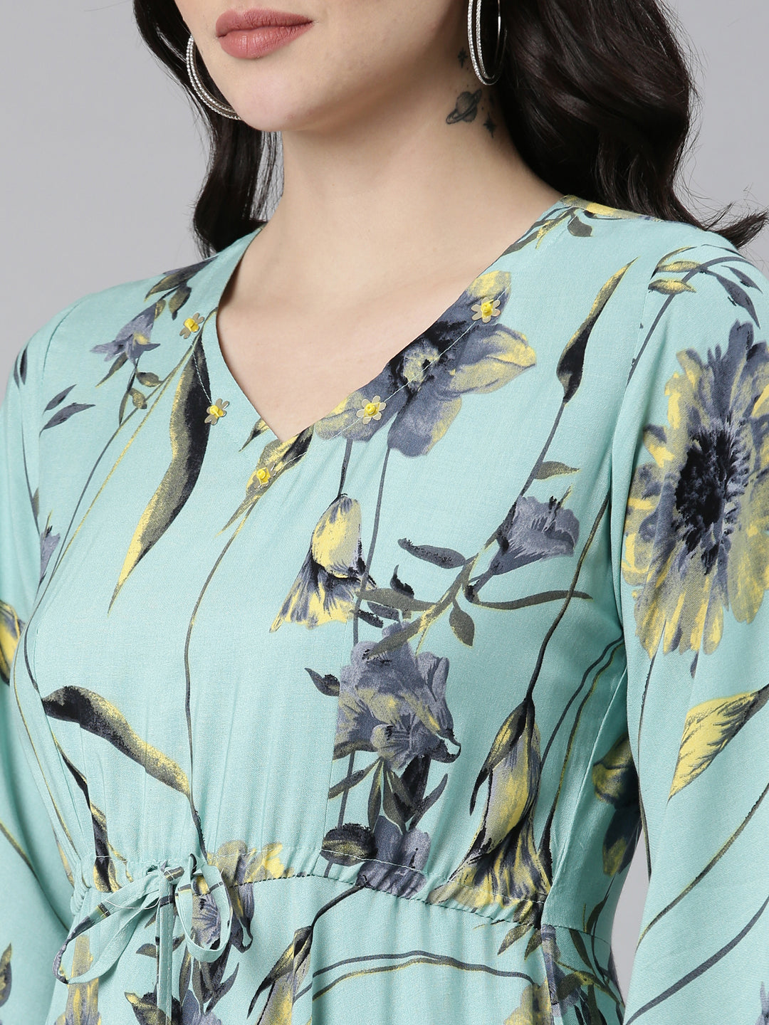 Neerus Green rayon printed high-low dress - detail view 1