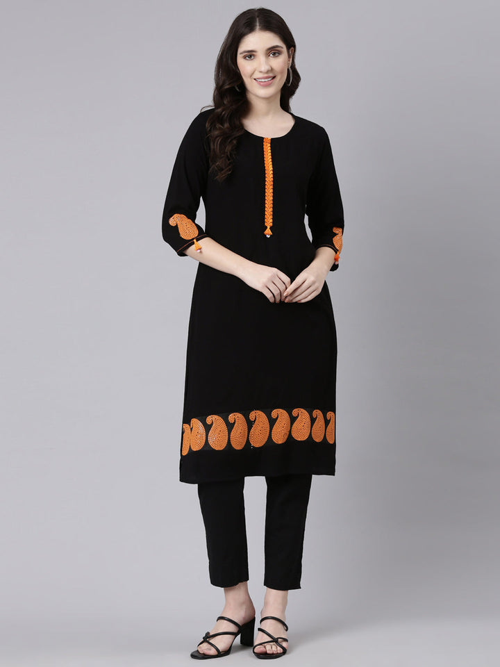 Neerus Black rayon solid straight kurti - detail view 2