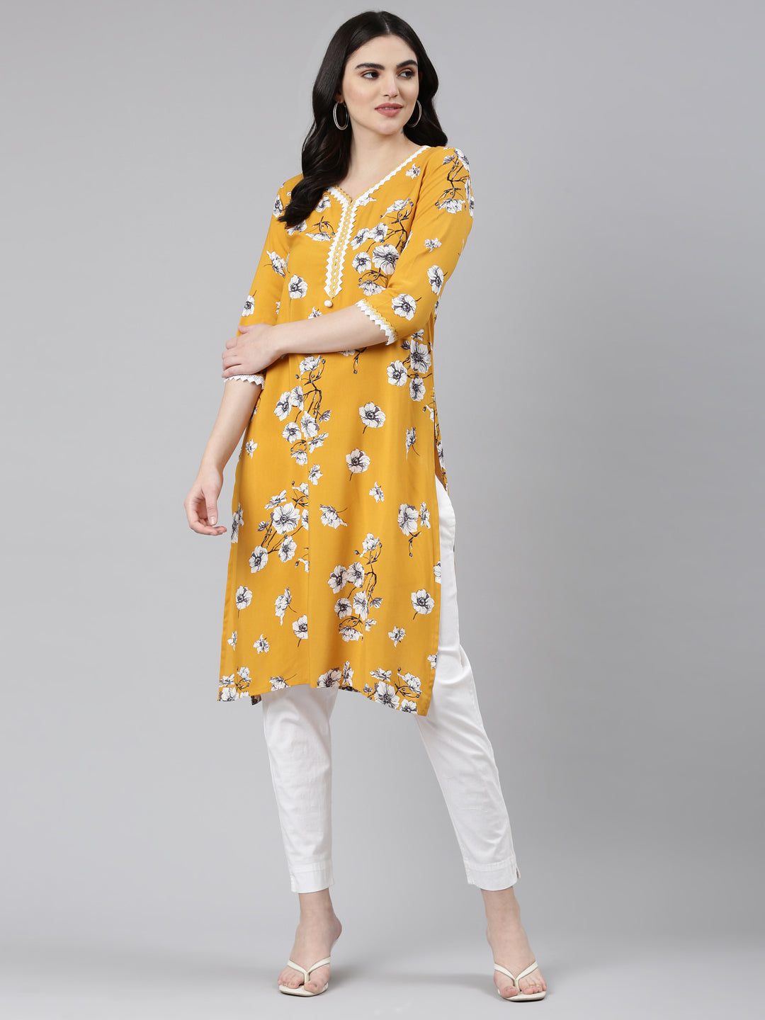 Neerus Yellow rayon solid straight kurti - detail view 2