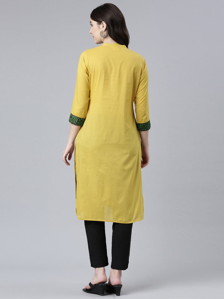Neerus Yellow cotton solid straight kurti - side view