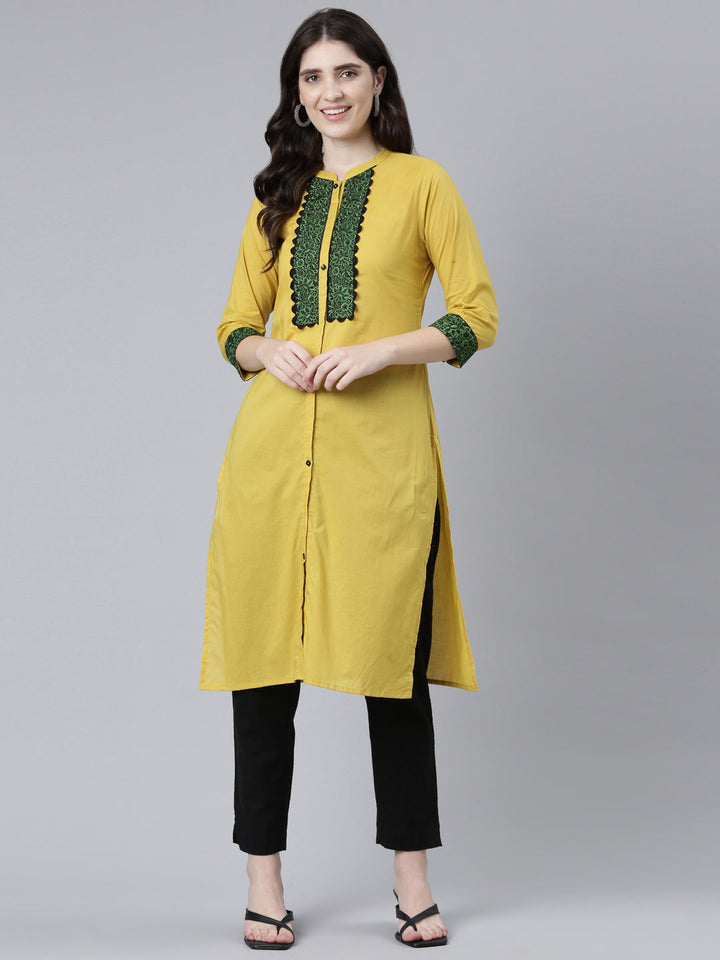 Neerus Yellow cotton solid straight kurti - detail view 2