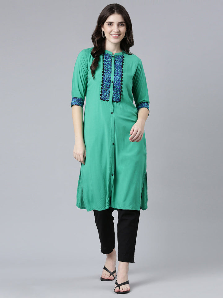 Neerus Green rayon solid straight kurti - detail view 2