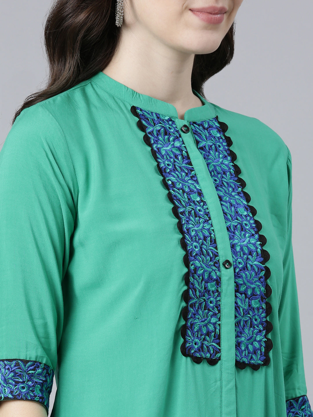 Neerus Green rayon solid straight kurti - detail view 1