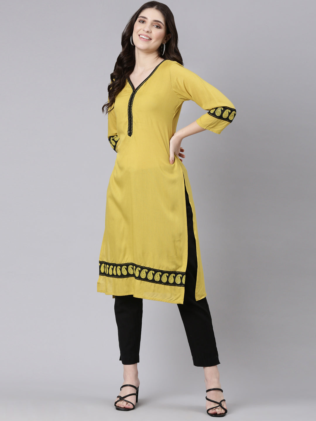 Neerus Green viscose rayon solid straight kurti - detail view 2