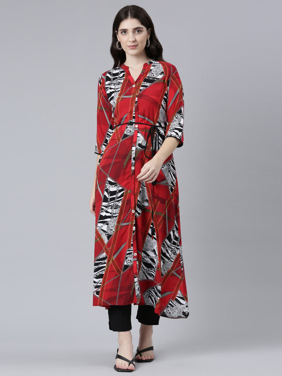 Neerus Red rayon printed straight kurti - front view