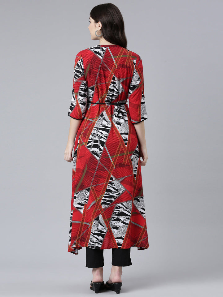 Neerus Red rayon printed straight kurti - side view