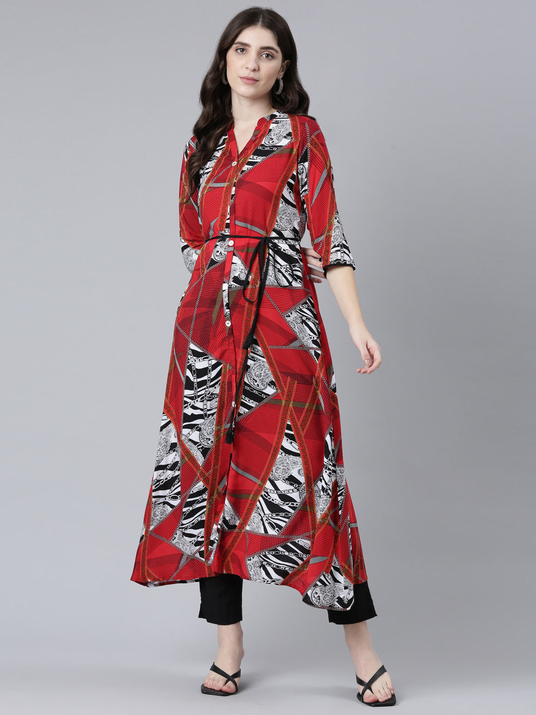 Neerus Red rayon printed straight kurti - detail view 2