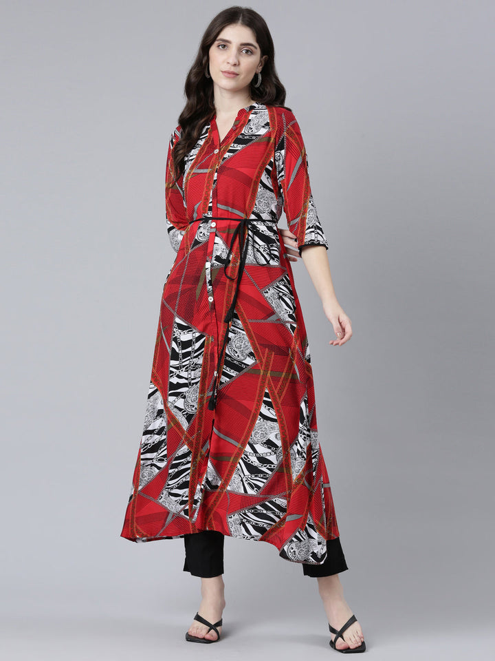 Neerus Red rayon printed straight kurti - detail view 2