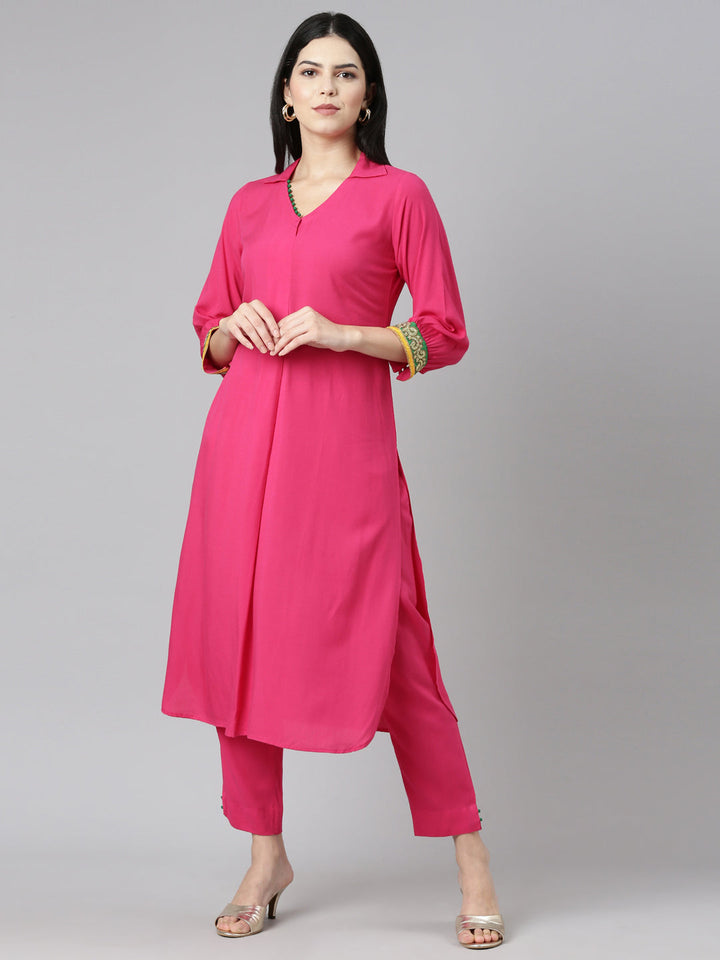 Neerus Pink rayon solid kurta set with trousers - front view