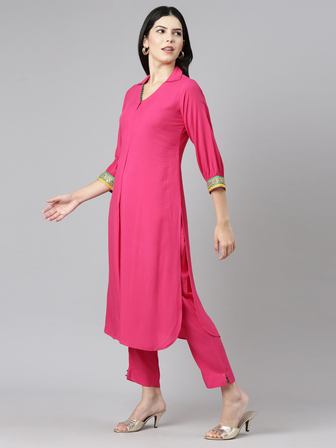 Neerus Pink rayon solid kurta set with trousers - back view
