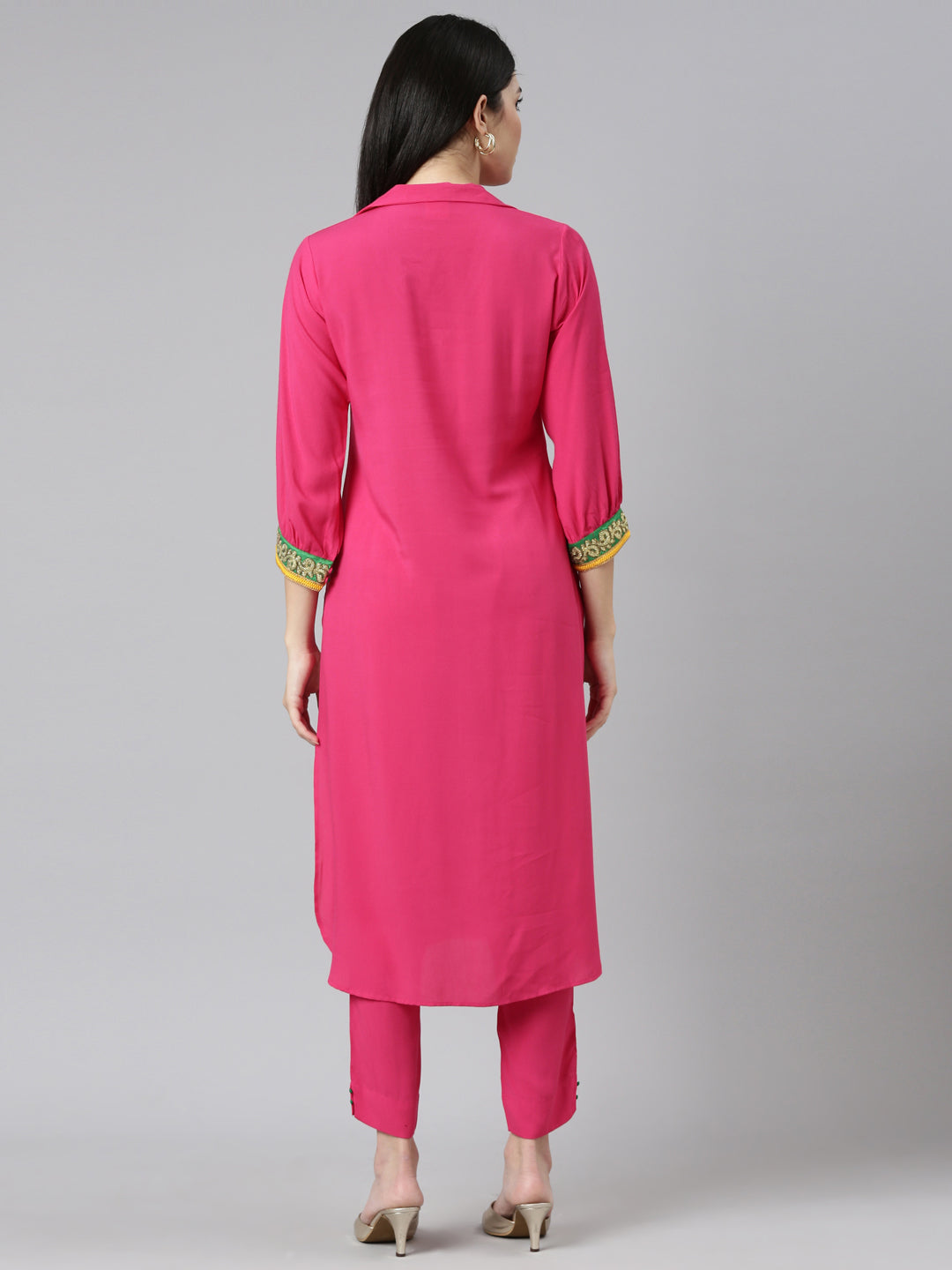 Neerus Pink rayon solid kurta set with trousers - side view