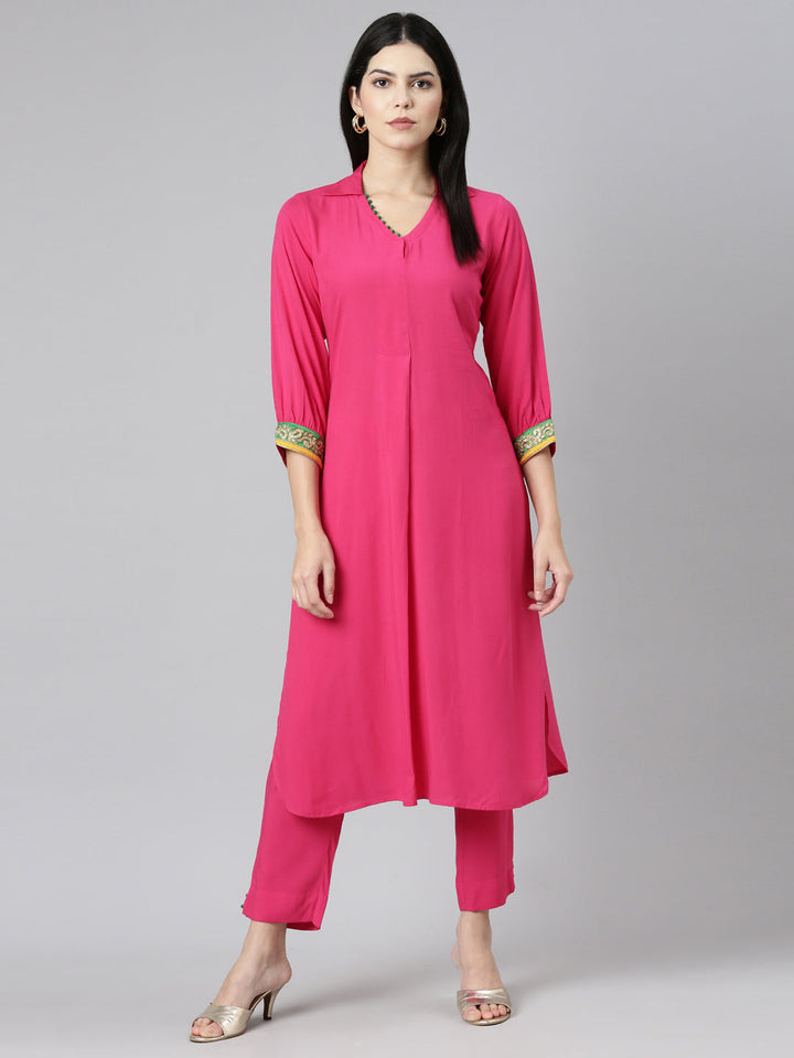 Neerus Pink rayon solid kurta set with trousers - detail view 2