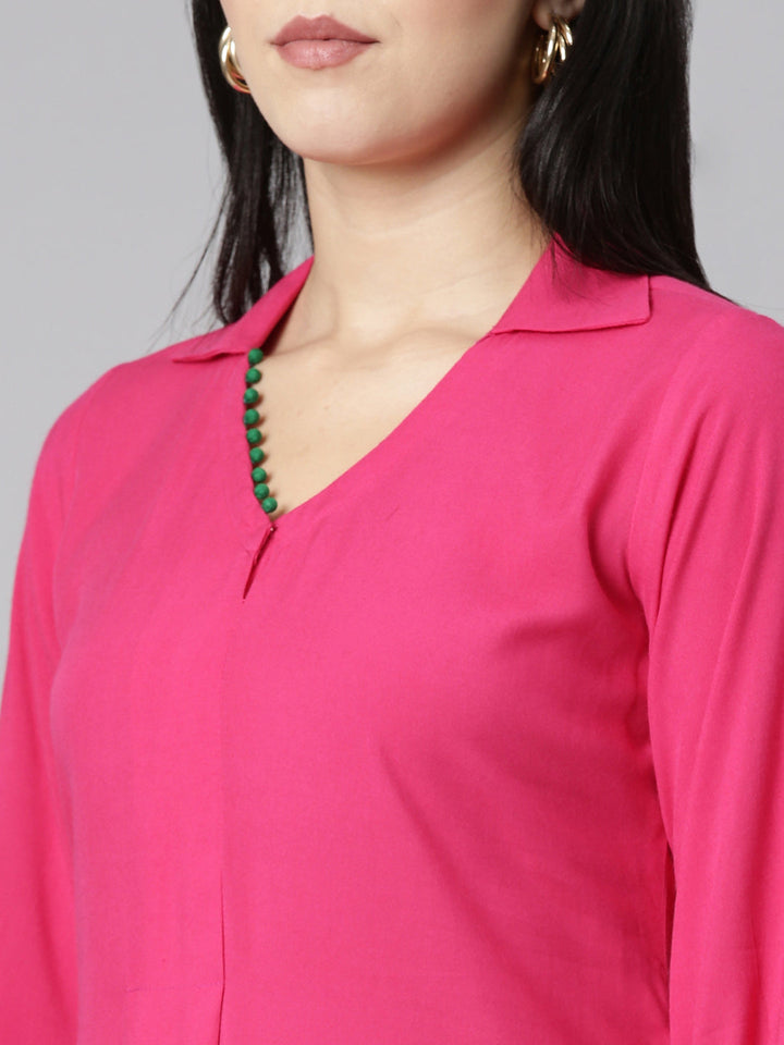 Neerus Pink rayon solid kurta set with trousers - detail view 1
