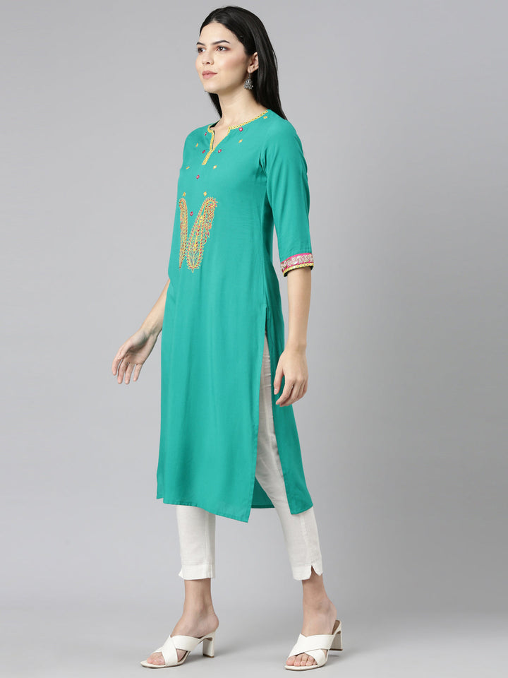 Neerus Green rayon solid straight kurti - back view