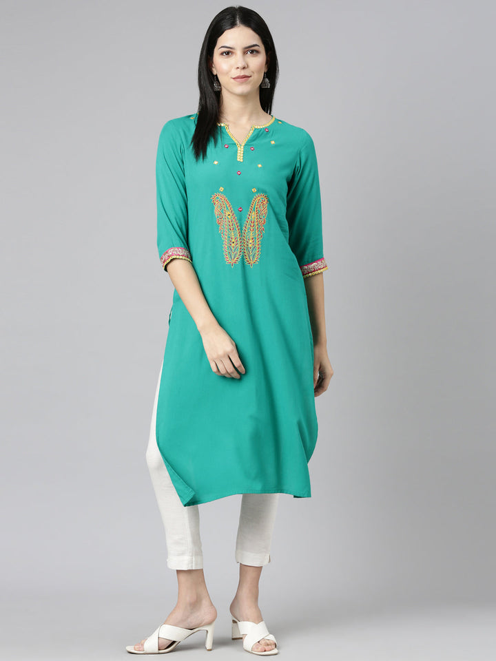 Neerus Green rayon solid straight kurti - detail view 2