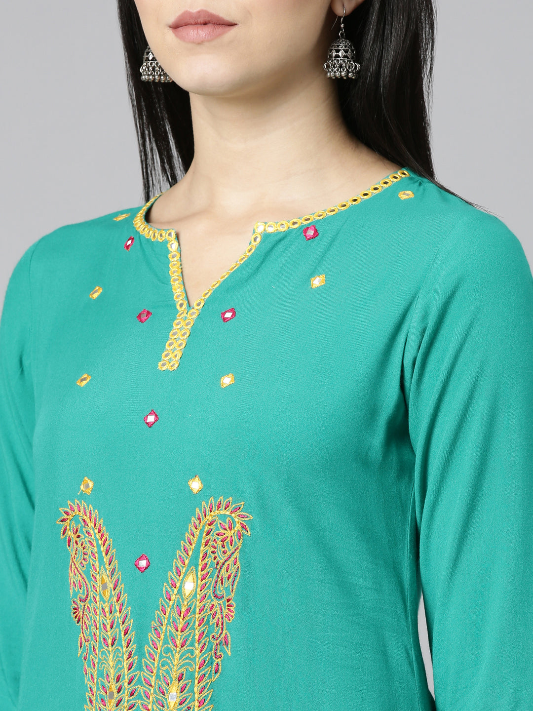 Neerus Green rayon solid straight kurti - detail view 1