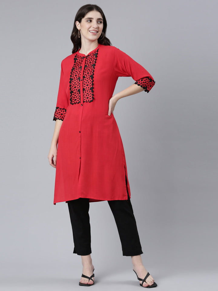 Neerus Red rayon solid straight kurti - front view