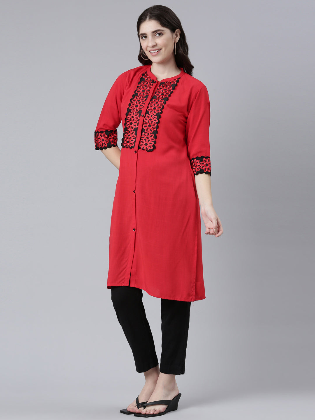 Neerus Red rayon solid straight kurti - back view