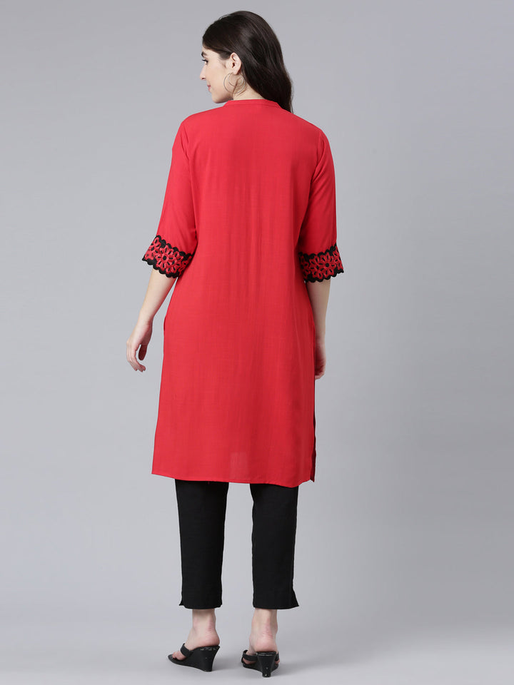 Neerus Red rayon solid straight kurti - side view