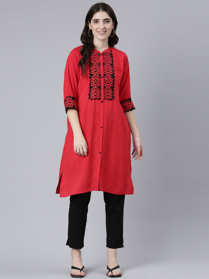 Neerus Red rayon solid straight kurti - detail view 2