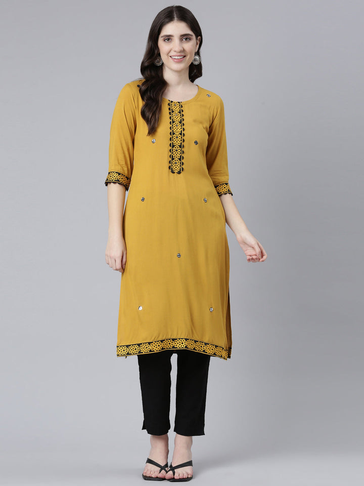 Neerus Yellow rayon solid straight kurti - detail view 2