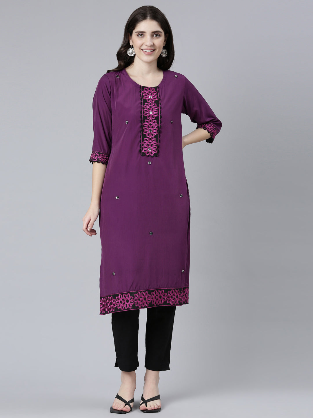 Neerus Purple rayon solid straight kurti - front view