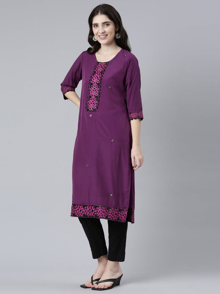 Neerus Purple rayon solid straight kurti - back view