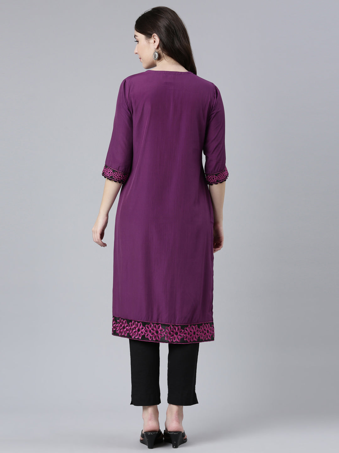 Neerus Purple rayon solid straight kurti - side view