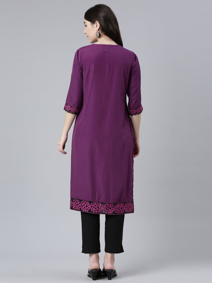 Neerus Purple rayon solid straight kurti - side view