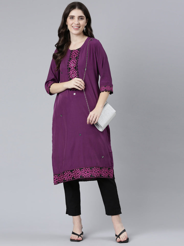 Neerus Purple rayon solid straight kurti - detail view 2
