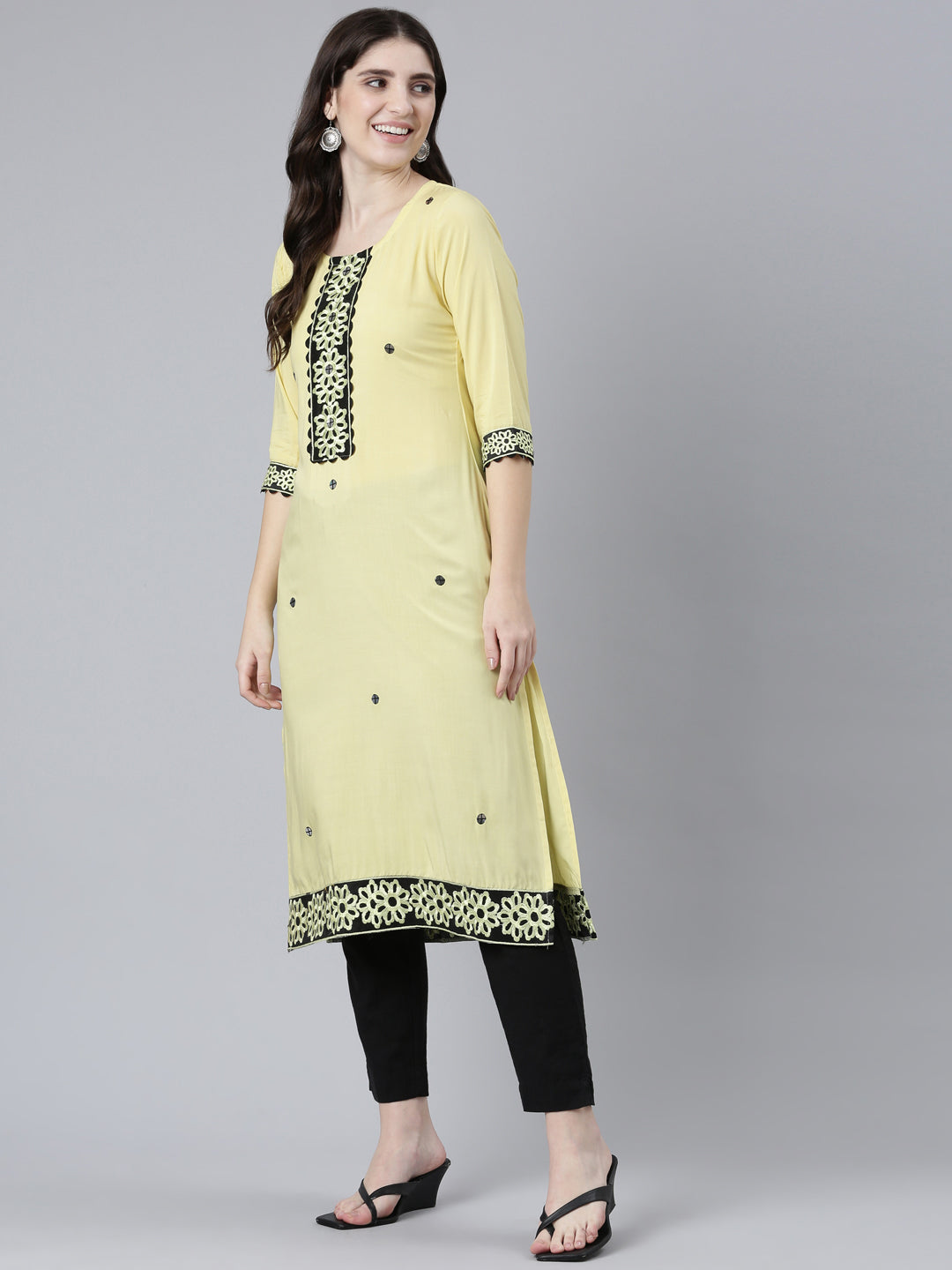 Neerus Yellow rayon solid straight kurti - detail view 2