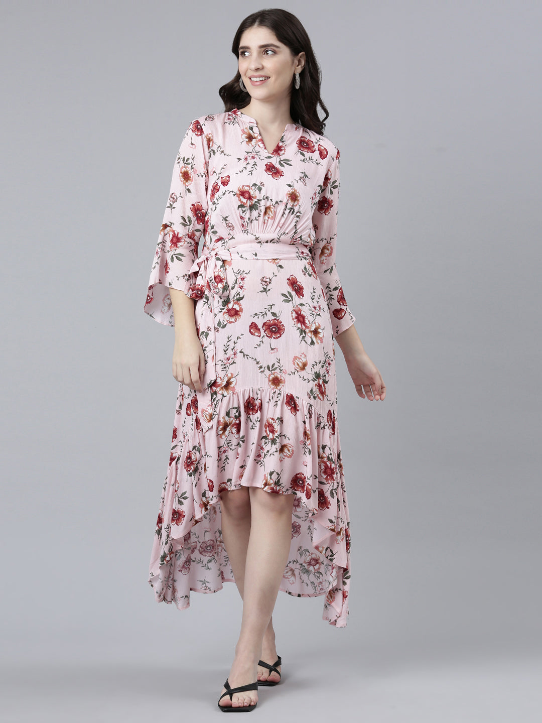 Neerus Pink chiffon printed high-low dress - front view